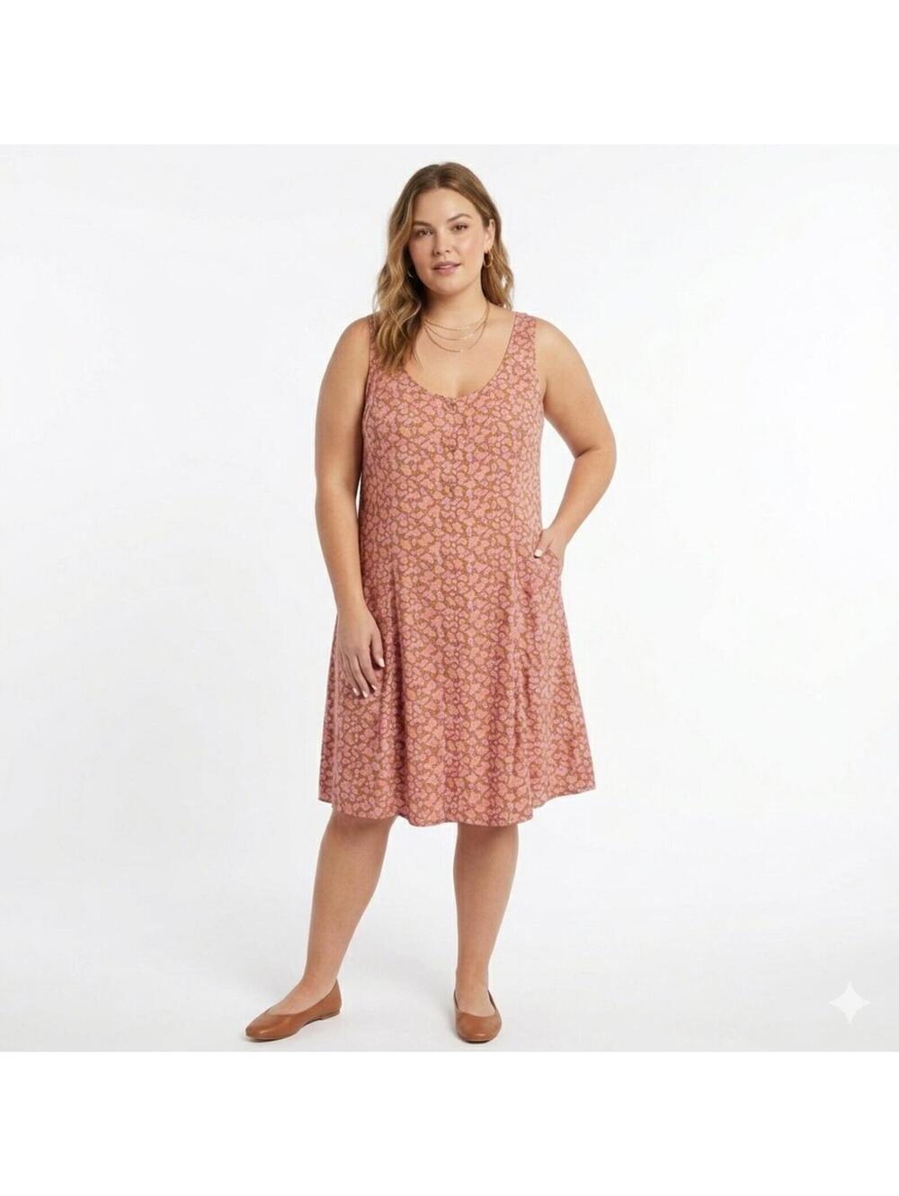 BP. Pink Floral Sleeveless Button-Front Mini Dress, Size 2X